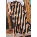 Fashion Color Block Striped Pattern Bow Tied Waist Midi A-Line Skirt