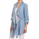 Fashion Simple Plain Waterfall Collar Long Sleeve Tunic Denim Coat