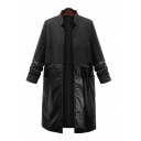 Fashion Stand-Up Collar Long Sleeve Leather Patched Trench Coat with Double Pockets