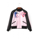 Color Block Long Sleeve Embroidery Parrot Butterfly Pattern Zip Fly Stand Up Collar Baseball Jacket