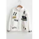 Cartoon Printed Stand-Up Collar Long Sleeve Zip Up Denim Jacket with Double Pockets