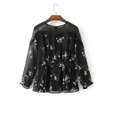 Chic Floral Pattern Round Neck Long Sleeve Lace Inserted Chiffon Blouse