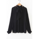 New Fashion Bow Tie Collar Long Sleeve Simple Plain Buttons Down Top