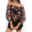 Sexy Sheer Floral Pattern Off The Shoulder 3/4 Sleeve Cropped Pullover Blouse