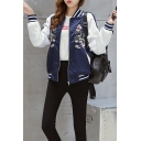 Fashion Color Block Chic Floral Embroidered Long Sleeve Zip UP Baseball Jacket