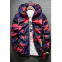 Hot Fashion Color Block Camouflage Pattern Long Sleeve Hooded Zip Up Coat