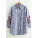 Tribal Print Embroidered Lapel Collar Long Sleeve Striped Buttons Down Shirt