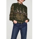 Round Neck Long Sleeve Chic Embroidered Layered Sheer Chiffon Blouse