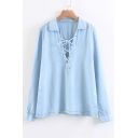 Fashion Grommet Lace-Up V Neck Long Sleeve Simple Plain Pullover Chambray Top