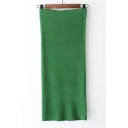 Elastic Waist Simple Plain Basic Midi Pencil Knit Skirt