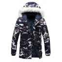 Classic Camouflage Pattern Fur Hooded Long Sleeve Zip Up Winter's Coat