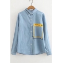 Loose Embroidery Letter Lapel Function Printed Single Breasted Denim Shirt