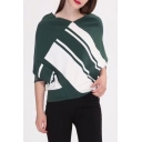 Chic Color Block V Neck 3/4 Length Sleeve Pullover Casual Sweater