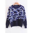 Chic Color Block Cloud Jacquard Round Neck Long Sleeve Sweater