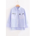 Chic Letter Embroidered Pockets Lapel Collar Long Sleeve Striped Dipped Hem Shirt