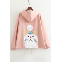 Lovely Cartoon Cat Pattern Back Hooded Long Sleeve Buttons Down Coat