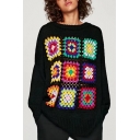 Contrast Knitted Sudoku Pattern Long Sleeve Round Neck Loose Pullover Sweater