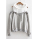 Fashion Color Block Fake Two-Piece Cold Shoulder Long Sleeve Hoodie