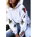 Chic Floral Embroidered Long Sleeve Casual Loose Sports Hoodie