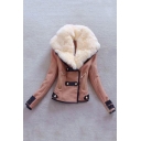 Winter's Hot Fashion Fur Collar Chic Color Block Double Breasted Coat