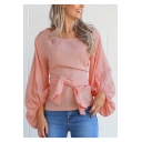 New Arrival Chic Tied Waist Round Neck Lantern Sleeve Plain Pullover Blouse