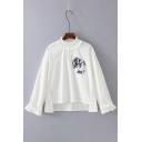 Letter Patched Stand-Up Collar Long Sleeve Stringy Selvedge Pullover Blouse