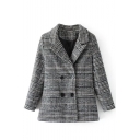 Notched Lapel Collar Long Sleeve Classic Plaids Print Double Breasted Blazer Coat