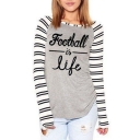 Color Block Striped Pattern Letter Print Long Sleeve Round Neck T-Shirt