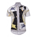Fashion Color Block Flying Horse Printed Lapel Collar Short Sleeve Shirt