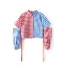 Color Block Lapel Grid Detachable Sleeve Crop Shirt
