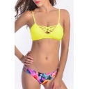 Crisscross Hollow Out Spaghetti Straps Top Floral Pattern Bottom Bikini Swimwear