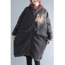 Loose Oversize Long Sleeve Hooded Zip Up Animal Print Tunic Coat with Double Pockets