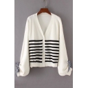 Fashion Bow Tied Cuff Striped Printed V Neck Long Sleeve Buttons Down Cardigan