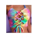 Sexy Lace-Up Hollow Out Front Halter Neck Open Back Chic Tie Dye Swimwear Top