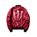 New Stylish Scratch Embroidered Back Stand-Up Collar Unisex Zip Up Bomber Jacket