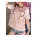 Floral Embroidered Casual Short Sleeve Round Neck Color Block Tee