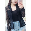 Basic Fashion Notched Lapel Collar Long Sleeve Sheer Lace Inserted Buttons Down Shirt