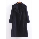 Notched Lapel Long Sleeve Simple Plain Double Breasted Woolen Coat