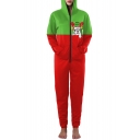 Casual Sports Color Block Long Sleeve Hooded Zip Up Jumpsuits