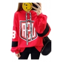 Color Block Letter Print Long Bubble Sleeve Hoodie in Loose Fit