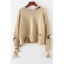New Fashion Hollow Out V Neck Long Sleeve Simple Plain Pullover Sweater