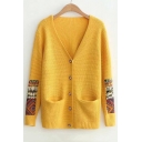 Tribal Print Patchwork Long Sleeve V Neck Buttons Down Cardigan with Double Pockets