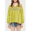 Fashion Floral Embroidered V Neck Long Sleeve Pullover Blouse