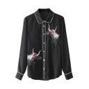 Chic Crane Embroidered Lapel Collar Long Sleeve Color Block Shirt