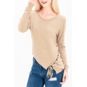 Fashion Lace-Up Asymmetrical Hem Long Sleeve Round Neck Plain Pullover Sweater