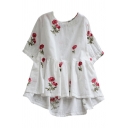 Chic Floral Embroidered Round Neck Short Sleeve Dipped Hem Pullover Blouse