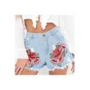 Floral Embroidered Raw Hem Ripped Light Wash Demin Shorts