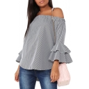 New Trendy Sexy Off The Shoulder Flared Sleeve Striped Printed Blouse