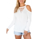 Winter's Fashion Cold Shoulder Long Sleeve Basic Plain Pullover Sweater