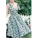 Summer's Chic Floral Pattern Scoop Neck Sleeveless Midi Vintage Flared Dress